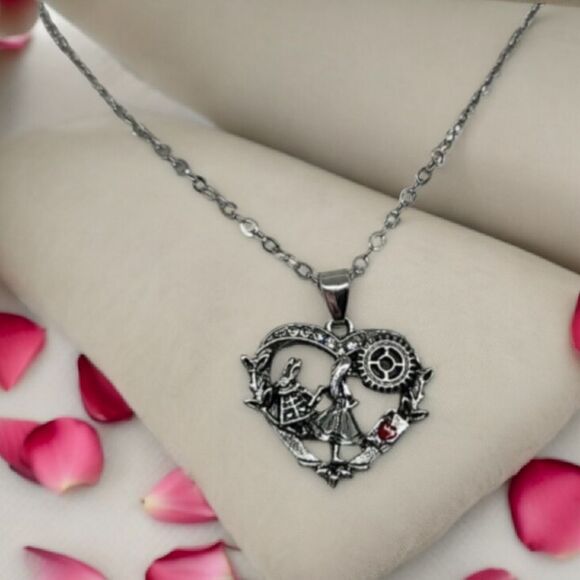 Alice In Wonderland Necklace Heart Shaped Pendant White Rabbit Ace Hearts Card - Picture 4 of 9